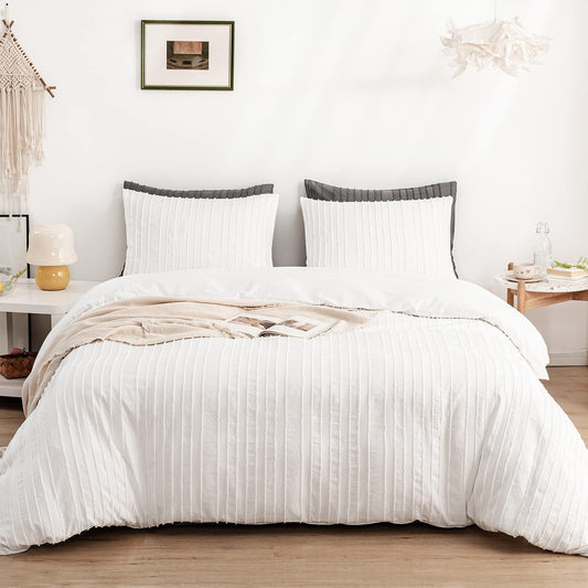 Duvet Cover Set, Striped Textured Tufted Bedding Set,