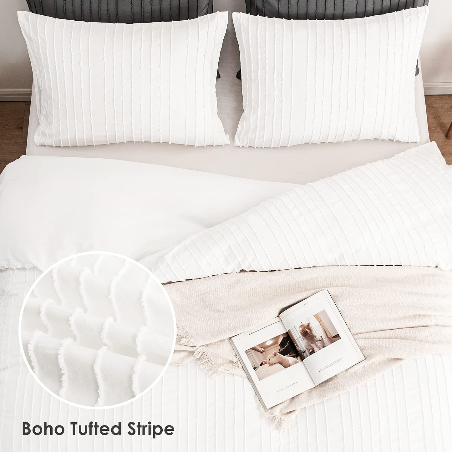 Duvet Cover Set, Striped Textured Tufted Bedding Set,