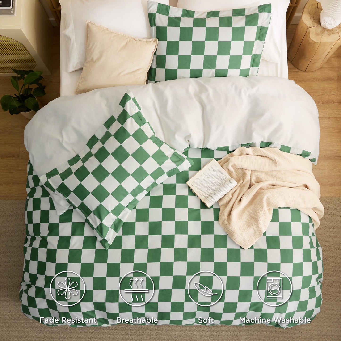 Shale Green Plaid Duvet Cover Set with Zipper Closure